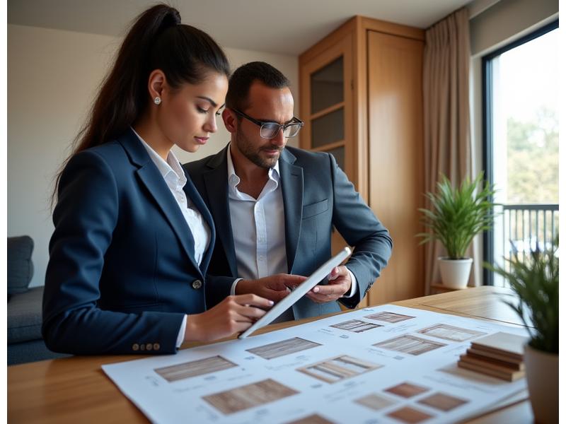 Architect and client discussing door designs on a tablet in a modern apartment setting, with design samples nearby.