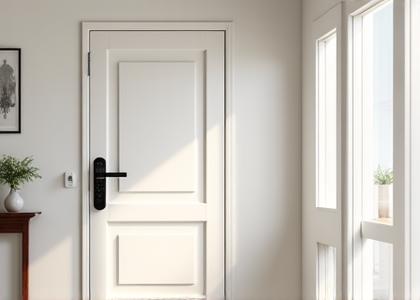 Bright apartment entryway showing a white wooden smart door with a touch-screen panel and an embedded camera. Interior space is modern and minimalist with soft ambient lighting.